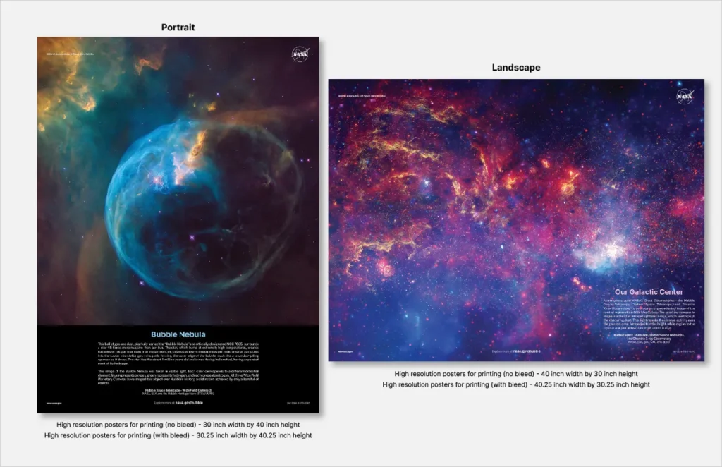 Versioni scaricabili delle immagini iconiche di Hubble, pronte per essere stampate e appese alle pareti della tua classe, del tuo ufficio, del tuo centro scientifico o della tua casa.